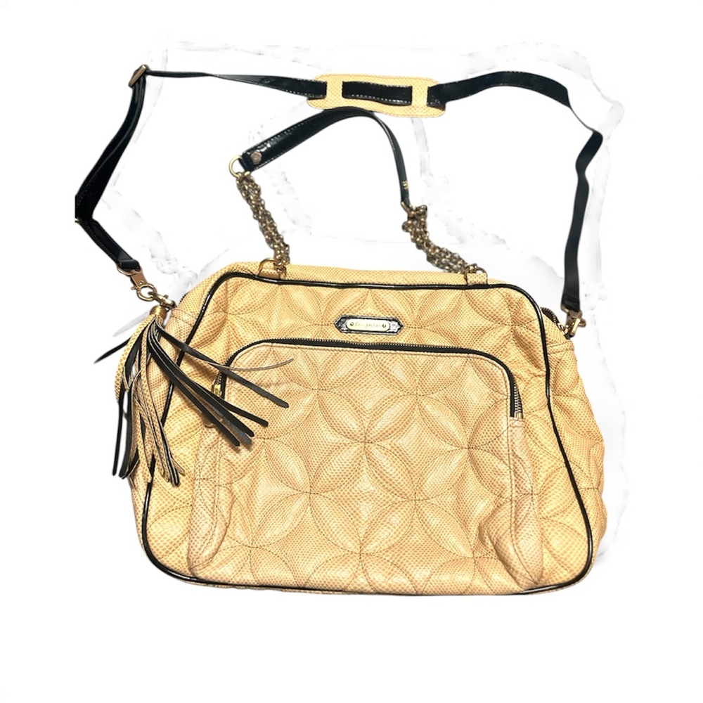 Vintage! Eric Javits quilted leather shoulder bag in tan with black patent trim